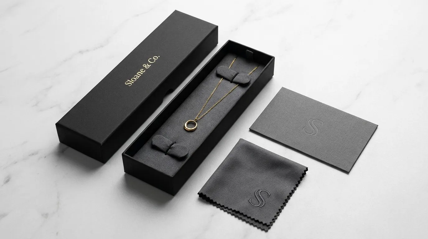 Finished product showcase of the Sloane & Co. matte black rigid necklace box set.