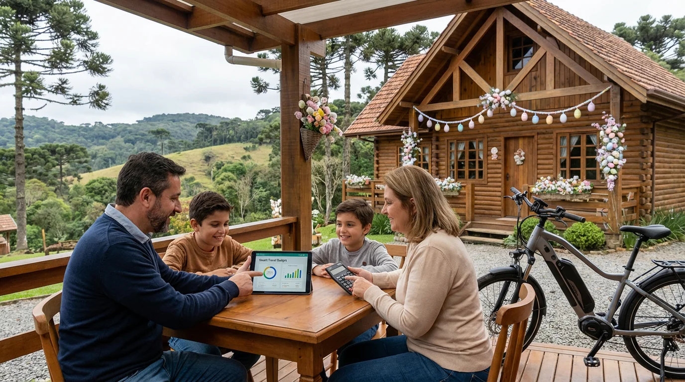 Família brasileira calculando economia de viagem com e-bike em pousada na Serra Gaúcha