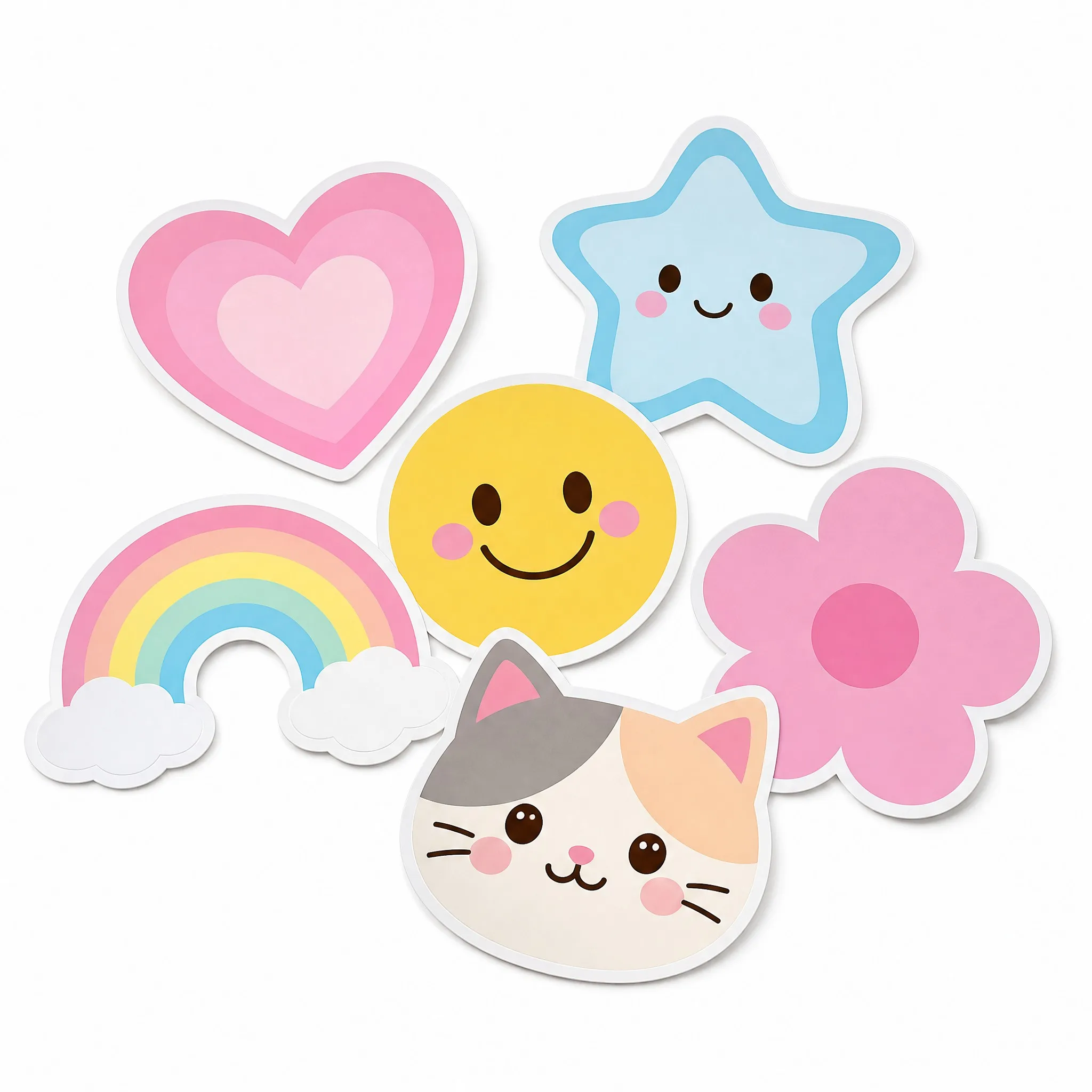 Custom die-cut PVC sticker set - six kawaii designs on white background