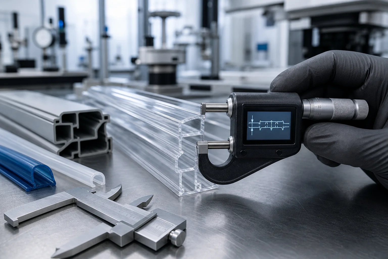 Industrial micrometers and optical measuring tools inspecting custom extruded plastic profiles