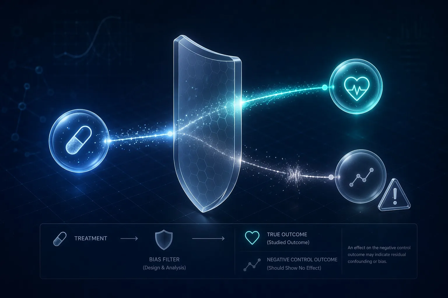Glass filter panel testing a negative control outcome path alongside a true outcome path
