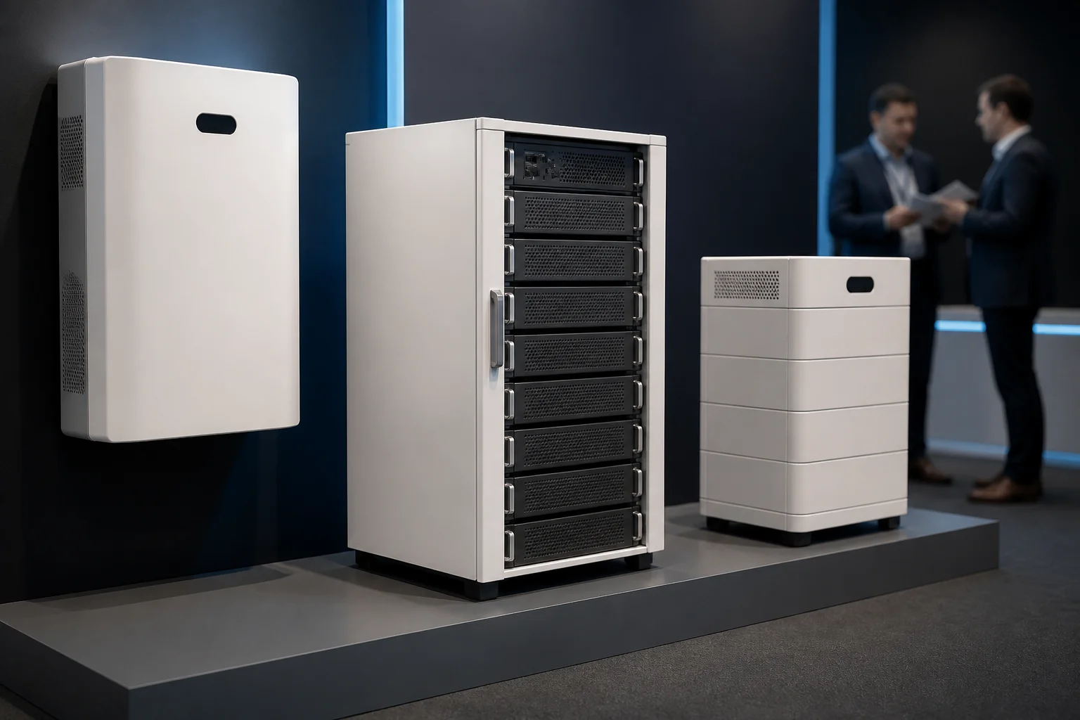 Lithium battery energy-storage units — wall-mounted, rack and stackable — on display at a trade fair booth