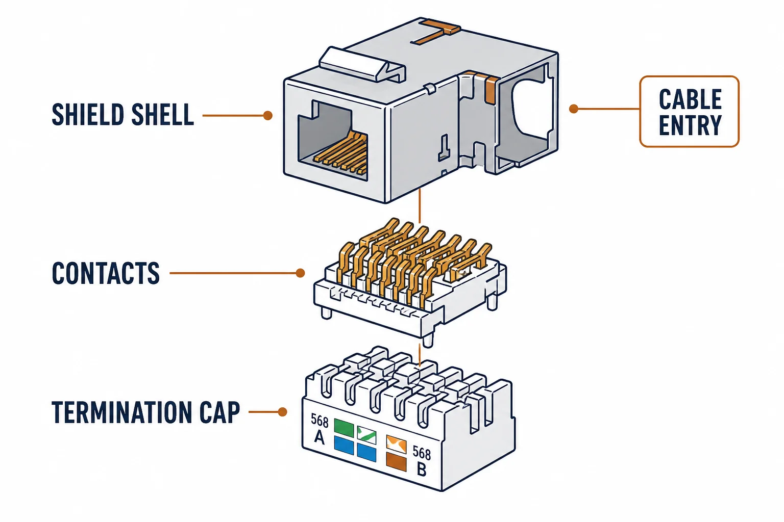 Exploded view of a shielded keystone jack with shield shell, contacts and termination cap
