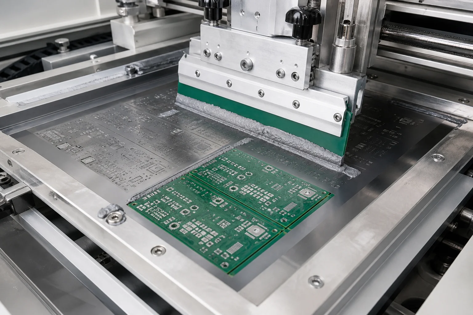 Solder paste stencil printer applying paste to a PCB