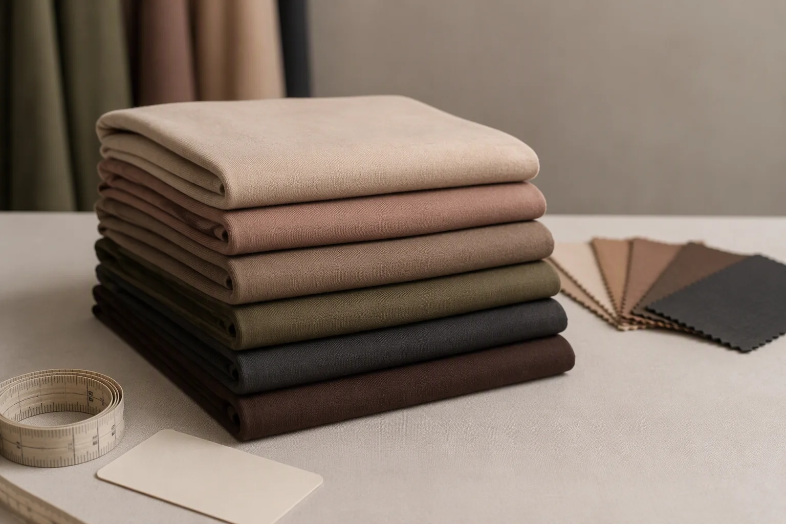 A small graduated test batch of folded hijabs on a factory inspection table for low-MOQ quick-response wholesale sourcing
