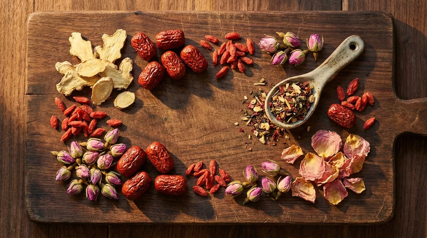 Stunning flat lay of premium organic dry ingredients dates ginger rose Stunning flat lay of premium organic dry ingredients dates ginger rose