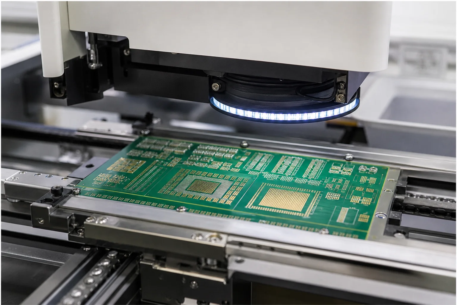 SPI machine inspecting solder paste deposits on a PCB