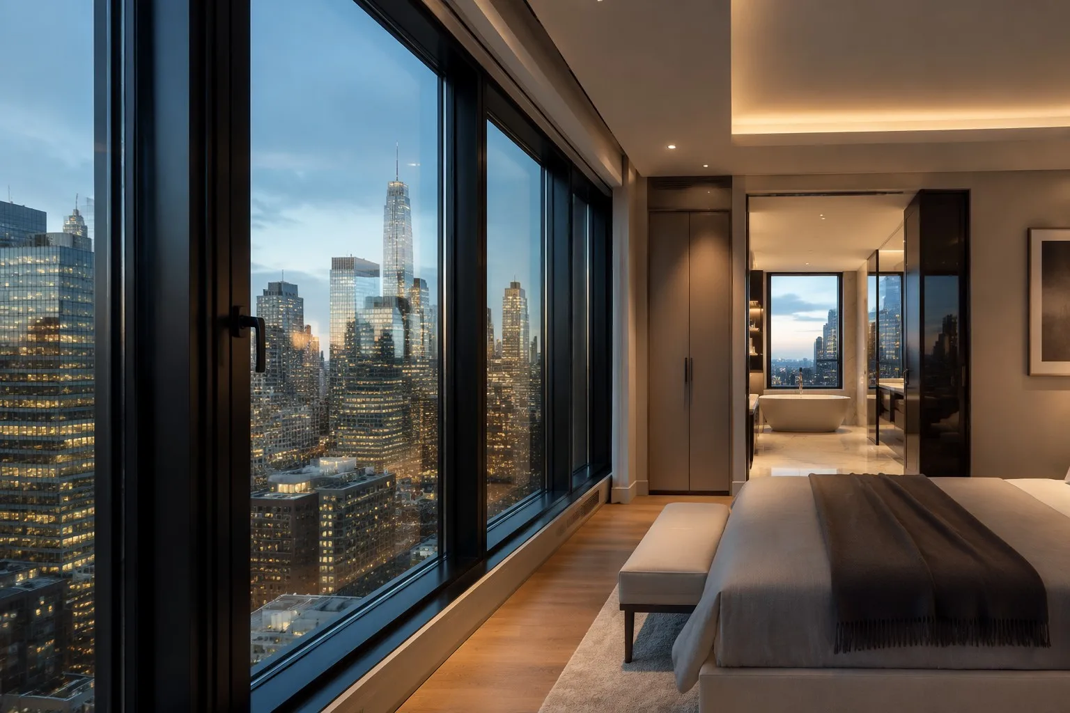 Quiet luxury penthouse bedroom with soundproof aluminum windows overlooking busy city skyline