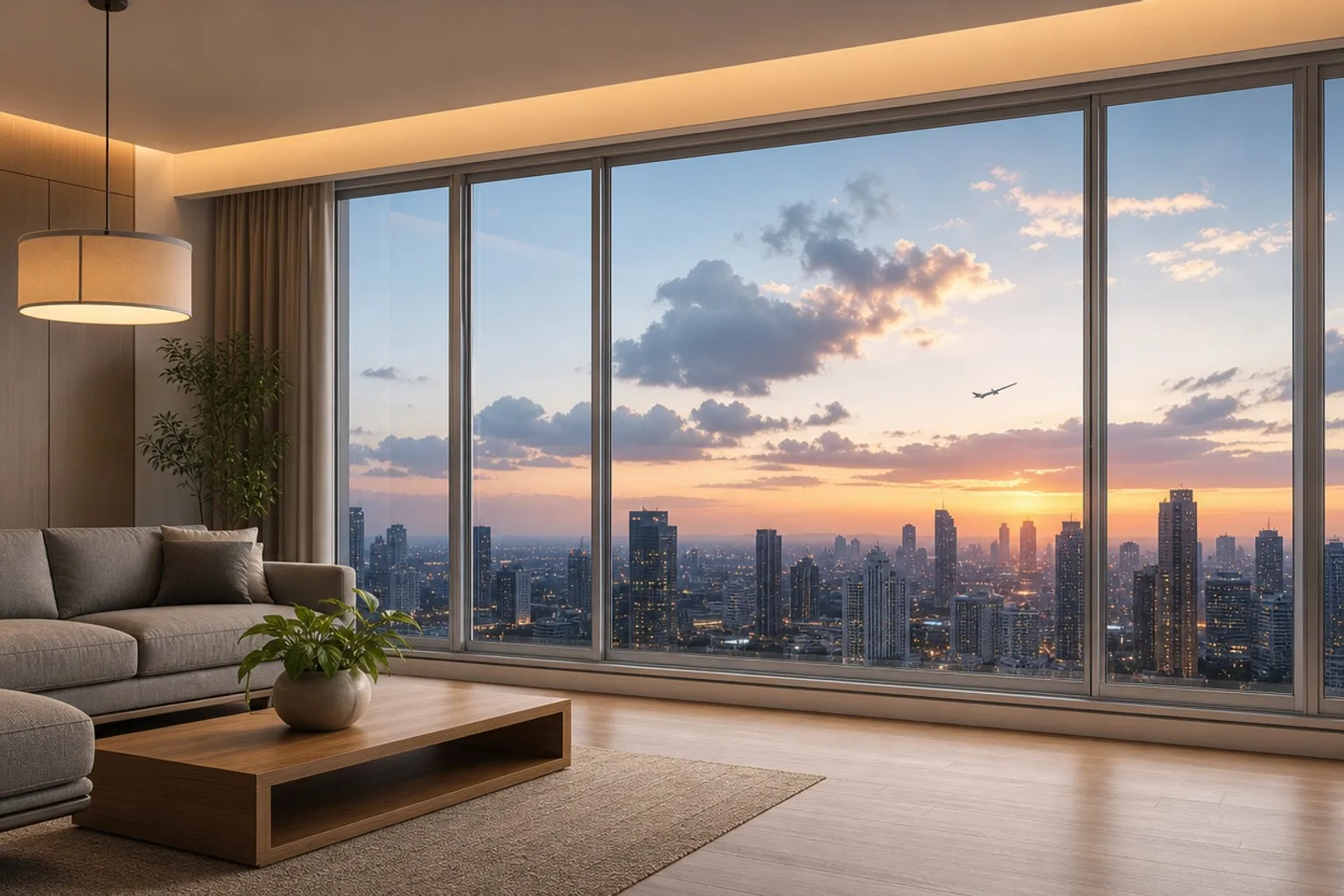 Modern apartment living room with large aluminum glass soundproof windows overlooking city skyline at dusk