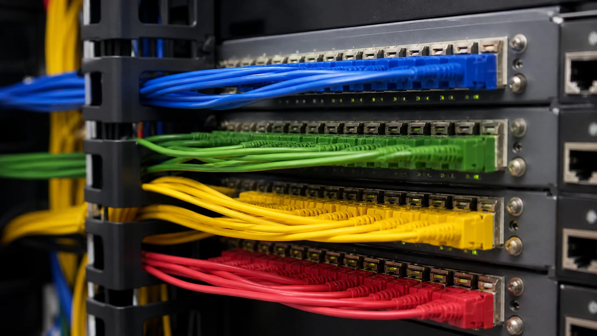 Patch panel with colored fiber patch cords dressed neatly