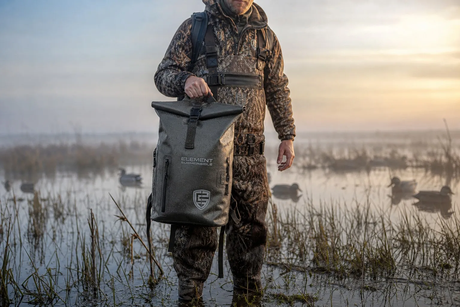 info-1-1 Waterfowl hunter with fully submersible waterproof hunting backpack in a misty marsh at dawn