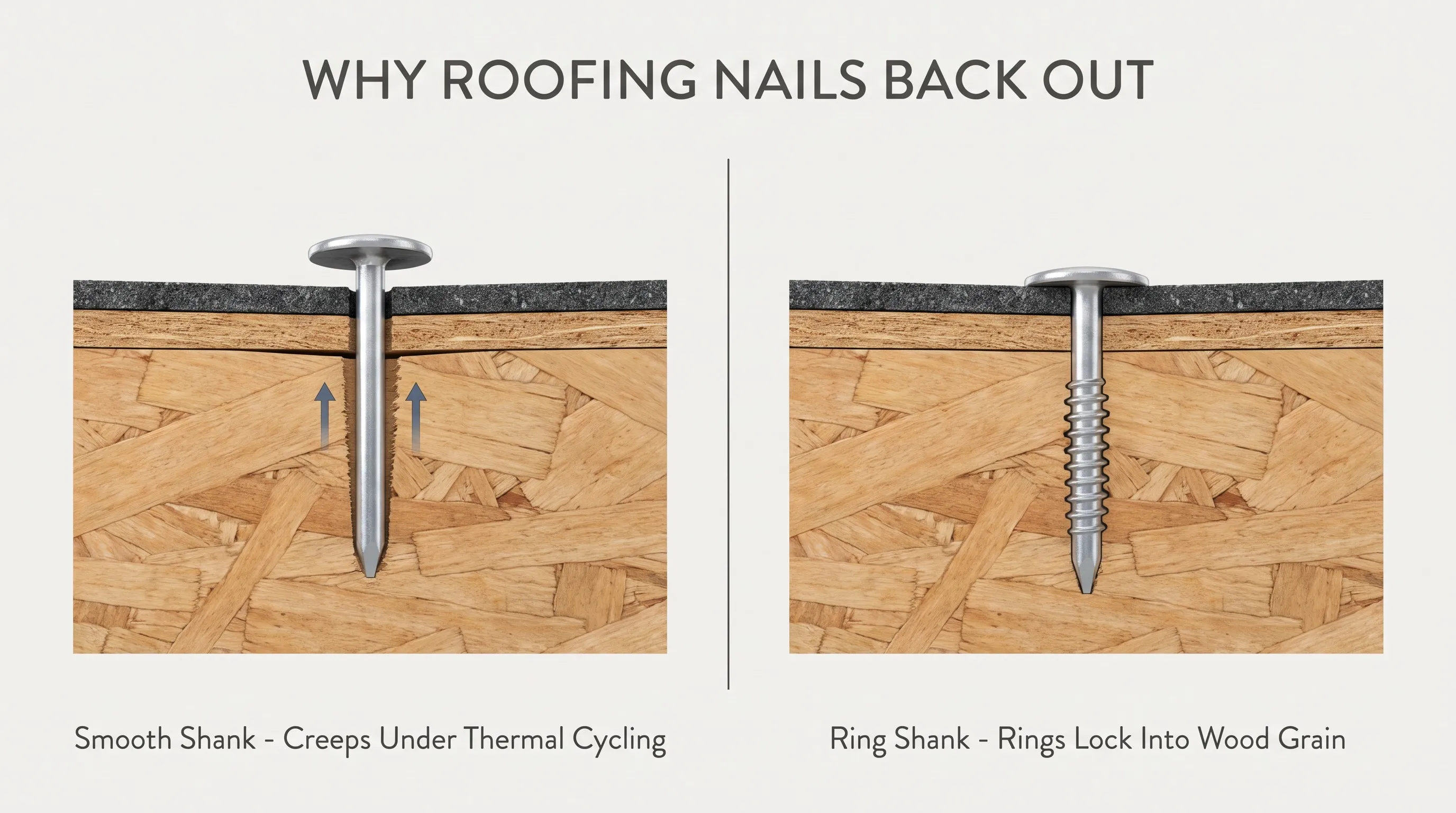 Why roofing nails back out: smooth shank creeps under thermal cycling while ring shank locks into wood grain