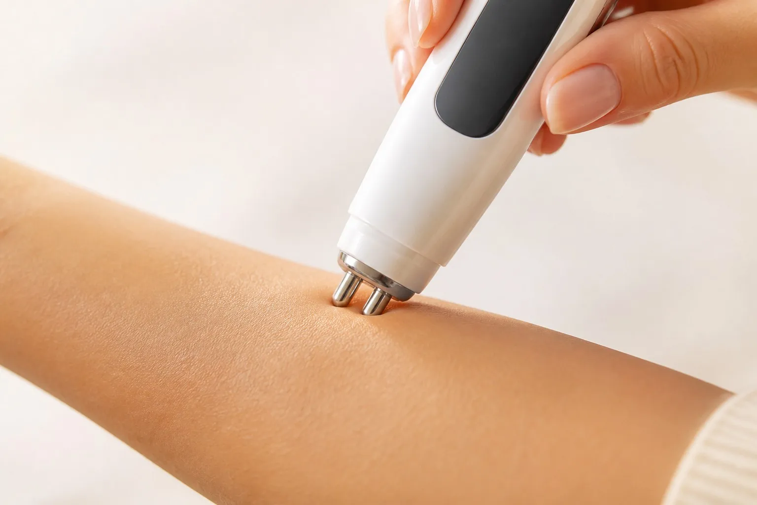 Skin hydration measurement probe on forearm TEWL corneometry clinical wellness test