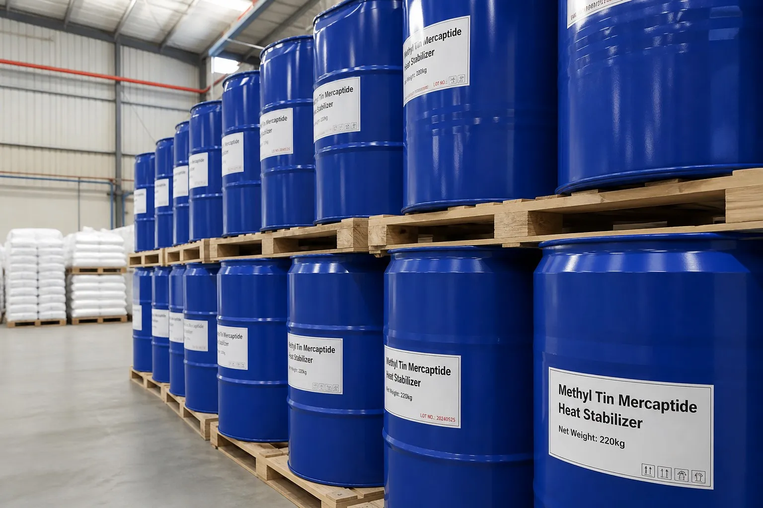 Methyl Tin Mercaptide 220kg blue plastic drums on pallets