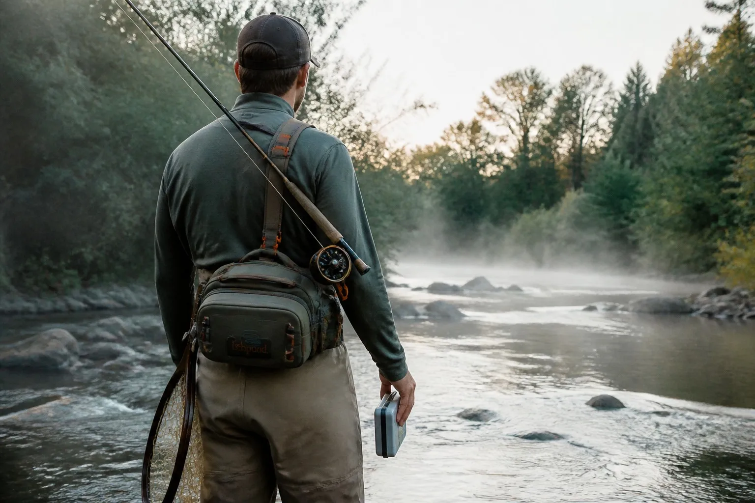 info-1-1 Angler wading in a river wearing a fishing lumbar pack with integrated rod holder
