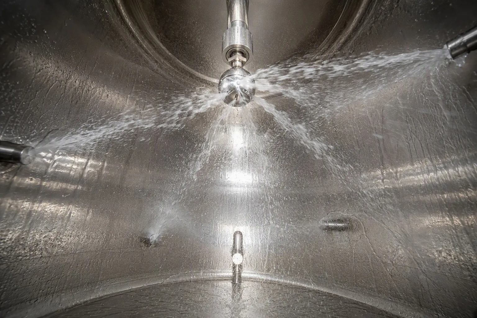 Rotating spray ball cleaning a stainless steel tank during CIP