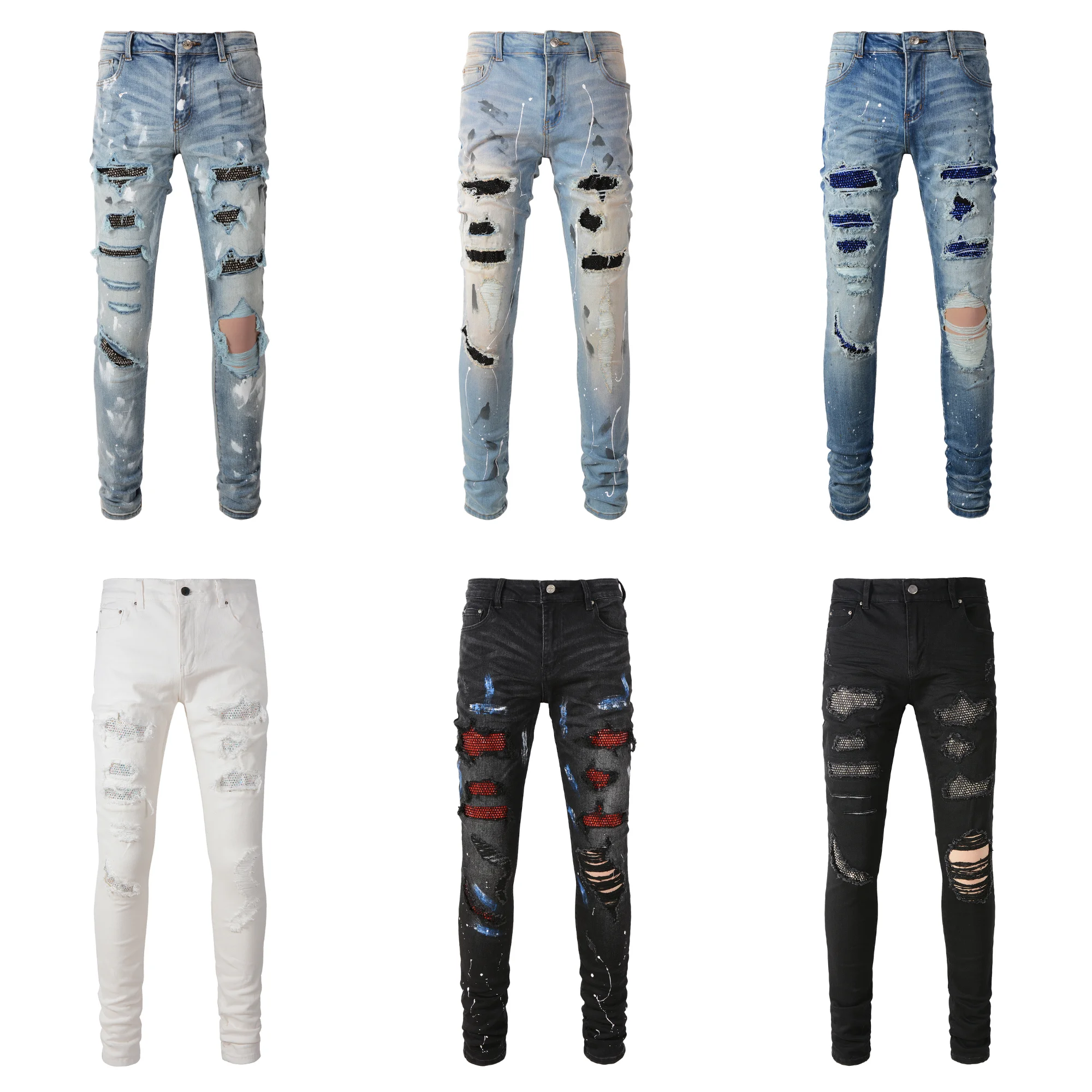 Rts For Dropshipping Ripped Rhinestone Crystal Jean With Splash&Spatter Denim Fashion Designer Skinny  Men Jeans