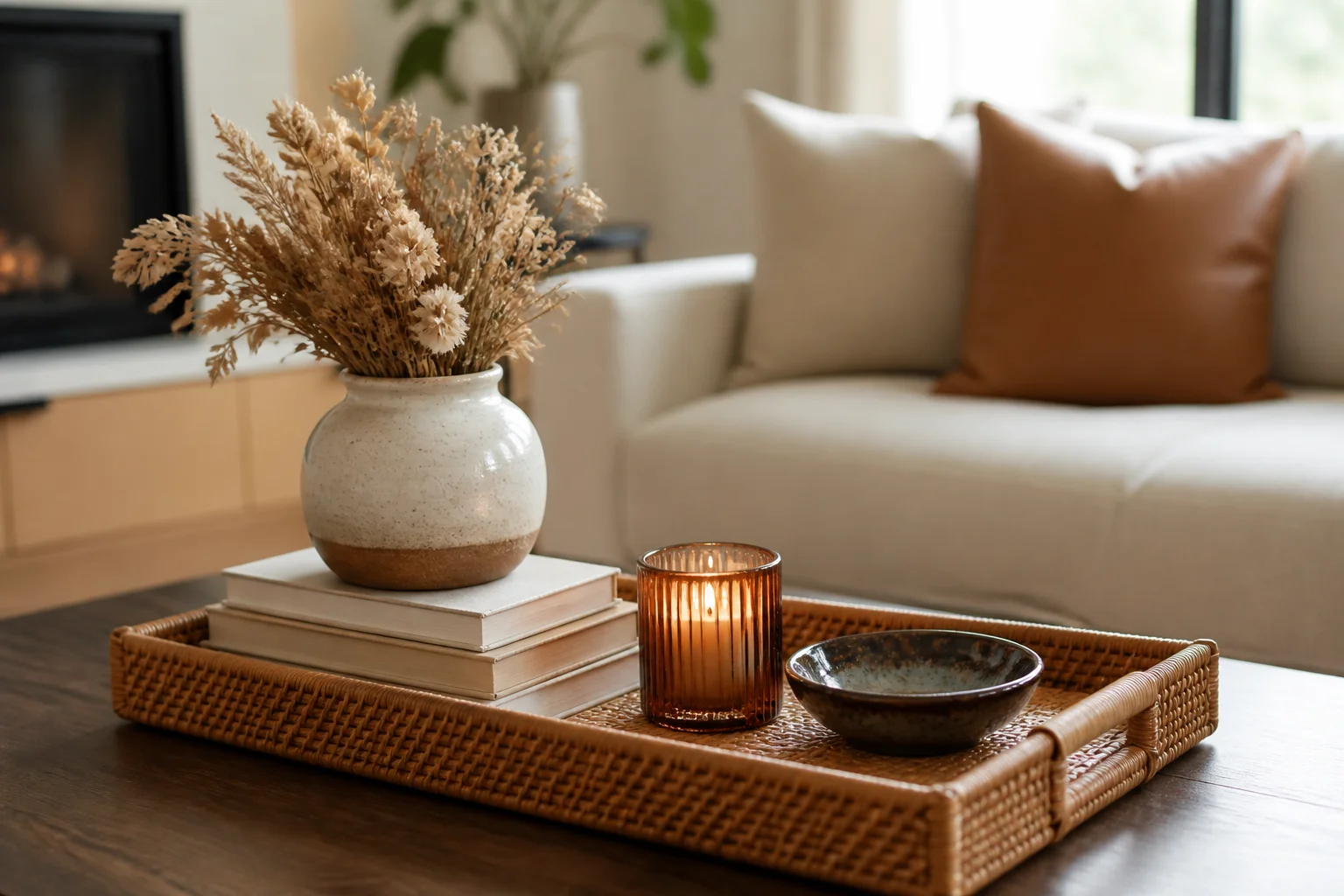 Styled decorative tray with books vase and candle on a coffee table