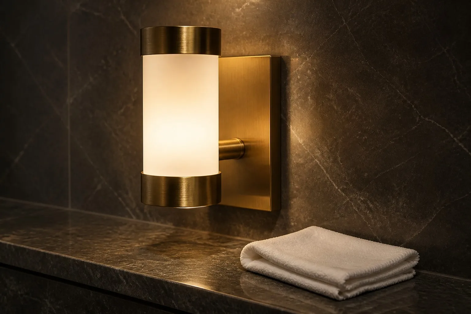 Brushed brass wall sconce on a dark marble bathroom wall with a folded cleaning cloth on the ledge below