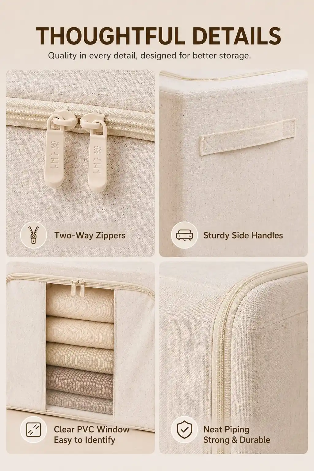 Kinfold Storage Box – Thoughtful details: zippers, handles, PVC window, binding
