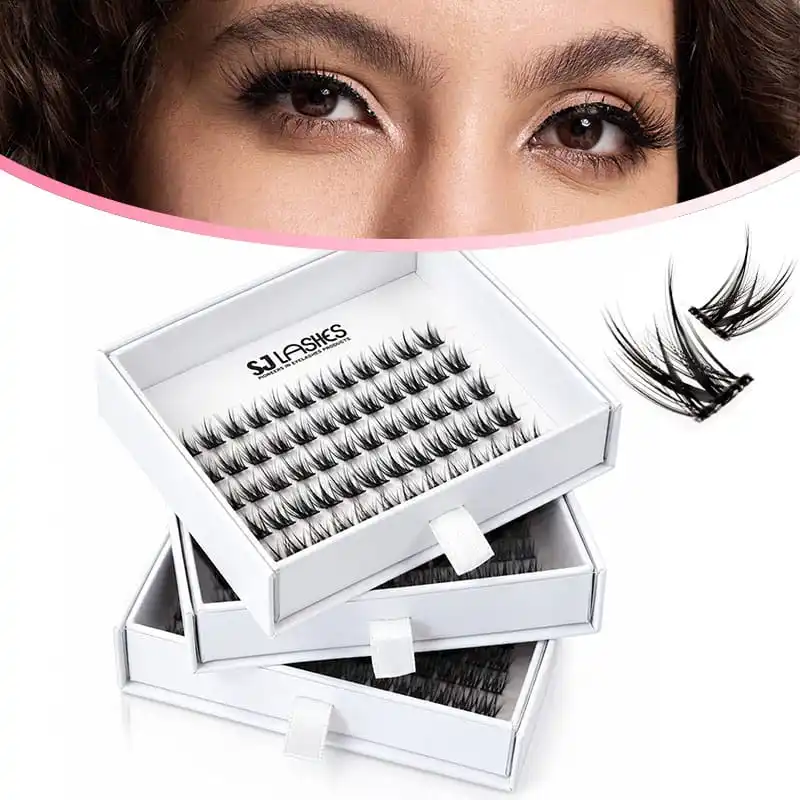 Glue-free segment lashes in white slide-out drawer boxes, stacked, with printed inner tray cards and fabric pull tabs - custom logo private label lash drawer box