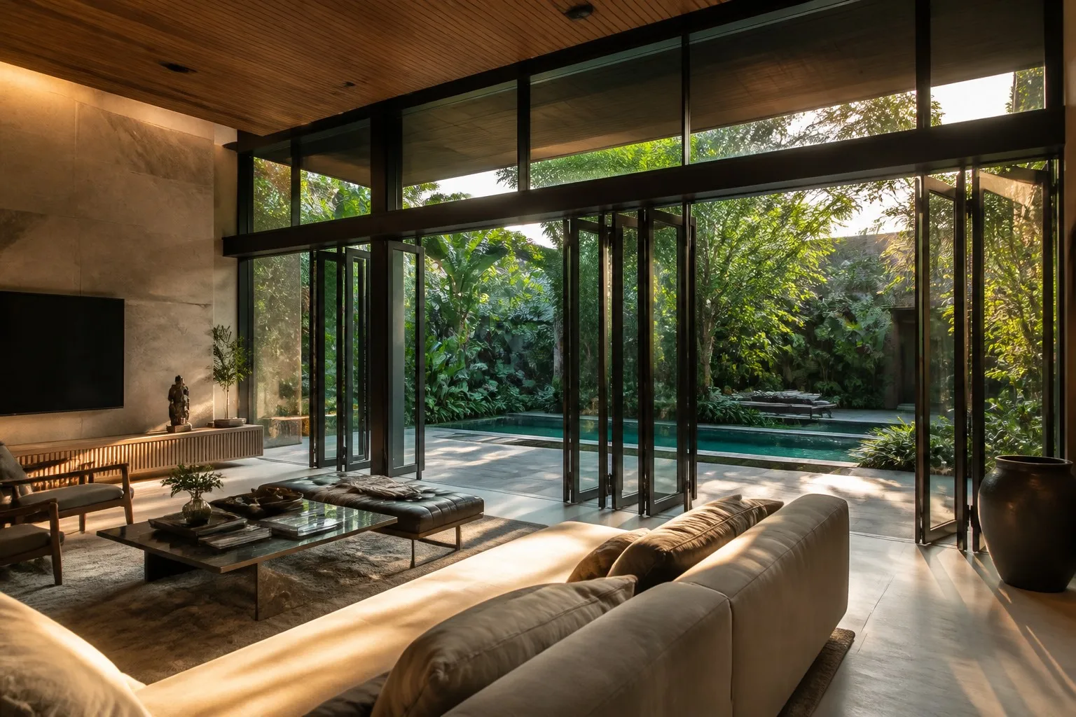 Luxury villa living room with aluminum folding doors partially open to tropical garden pool