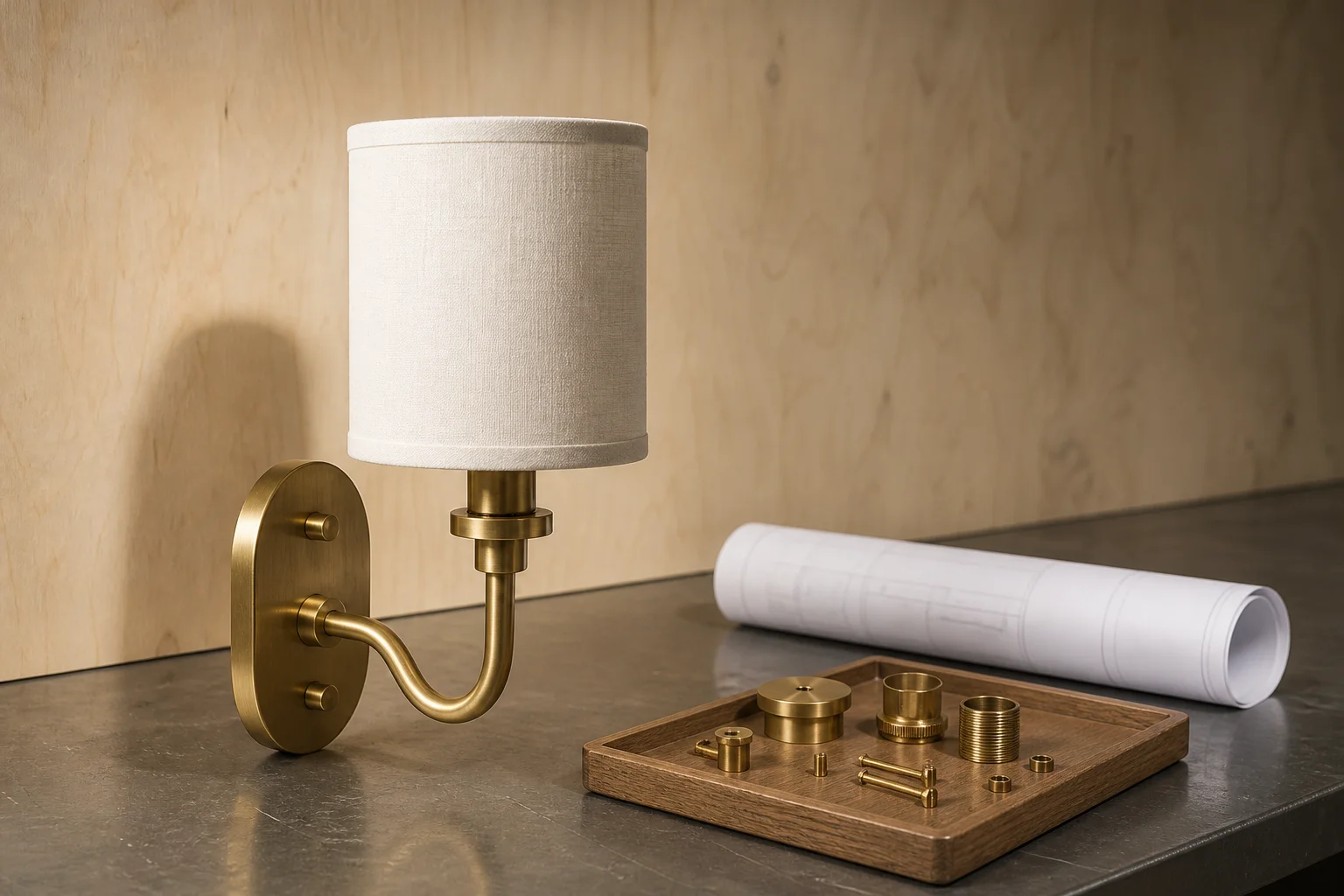 Brass hotel wall sconce in mid-assembly on a lighting workshop bench with a rolled drawing