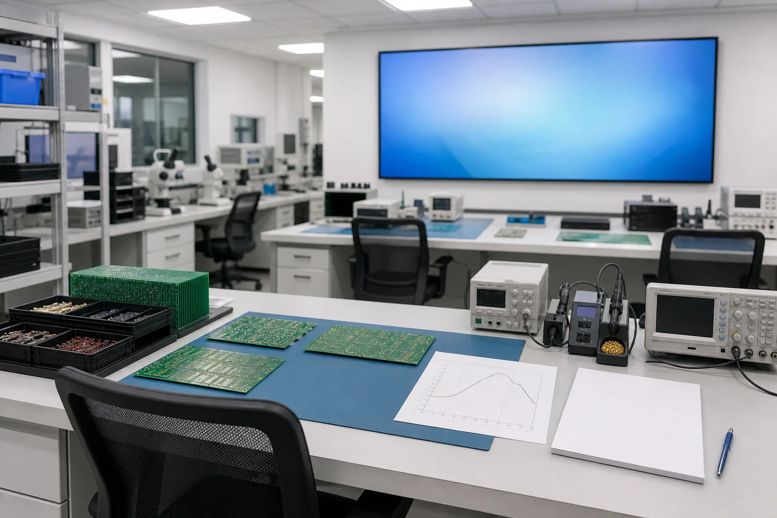 NPI engineering workspace with PCB panels and workstations