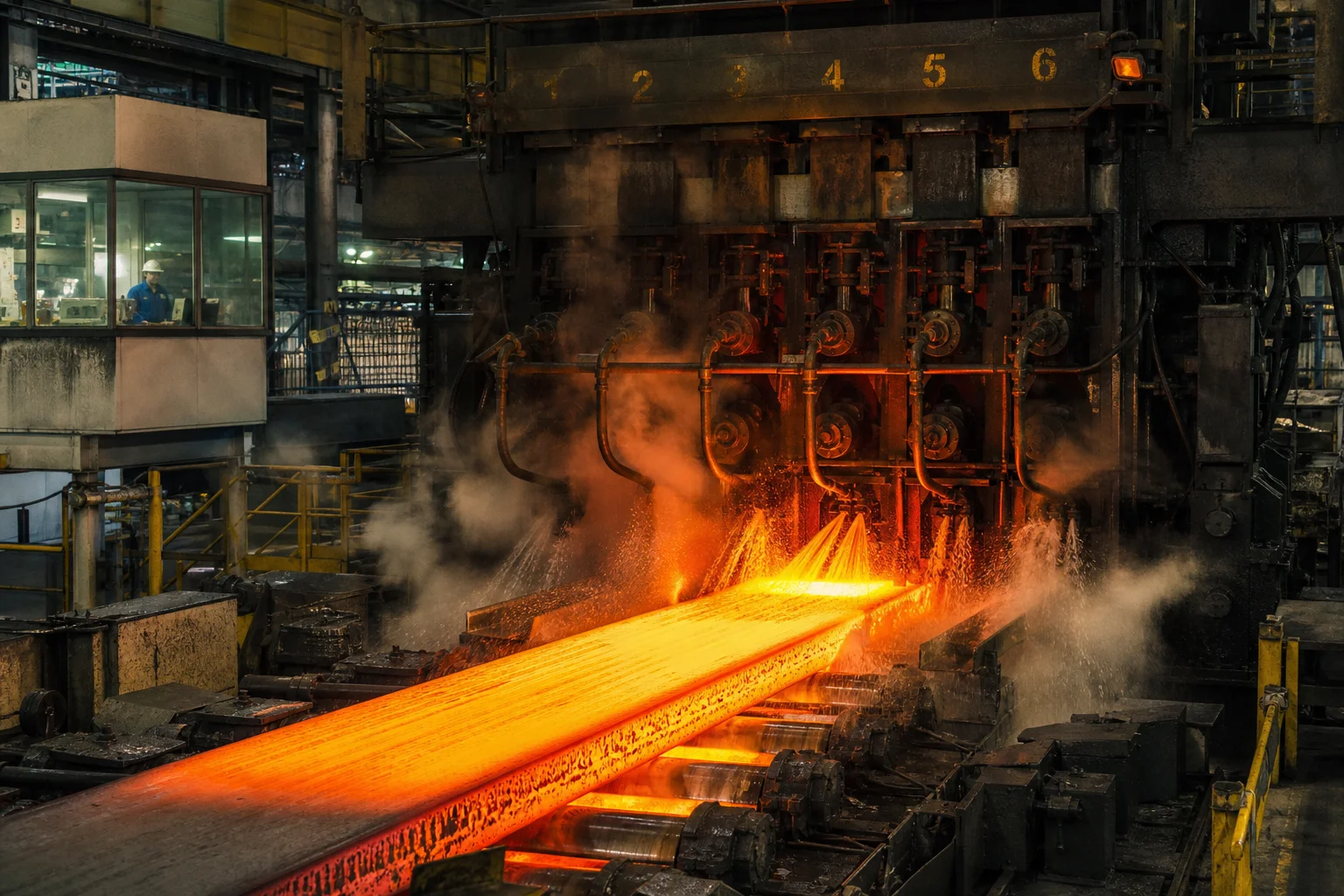 Modern steel mill continuous slab casting machine operating with red-hot glowing steel slab