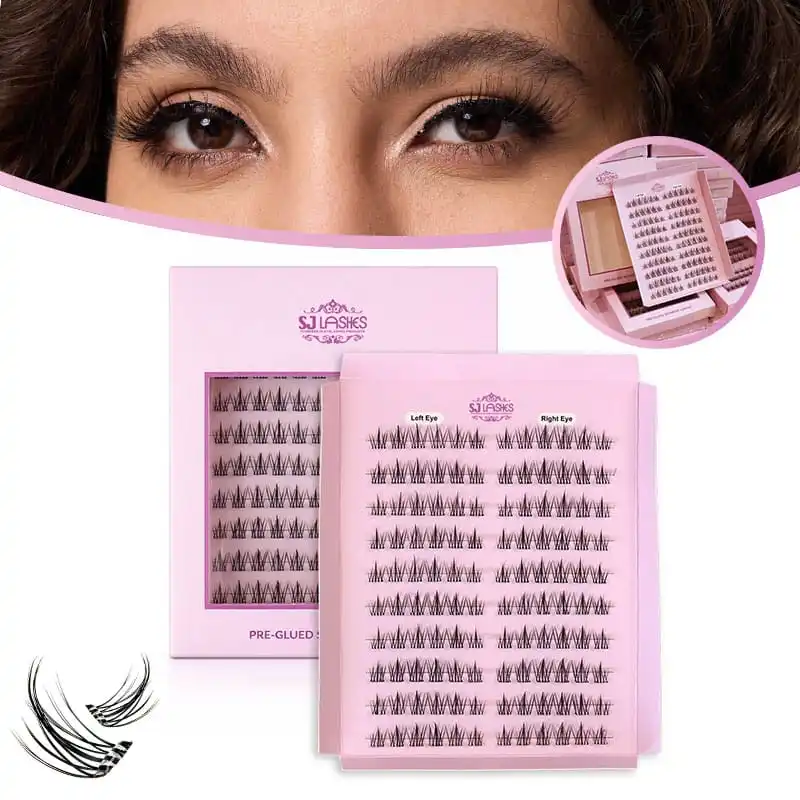 Pre-glued segment lash box, pale pink with purple foil logo and framed window, seven rows of clusters divided into labelled Left Eye and Right Eye halves - custom private label segment lash box