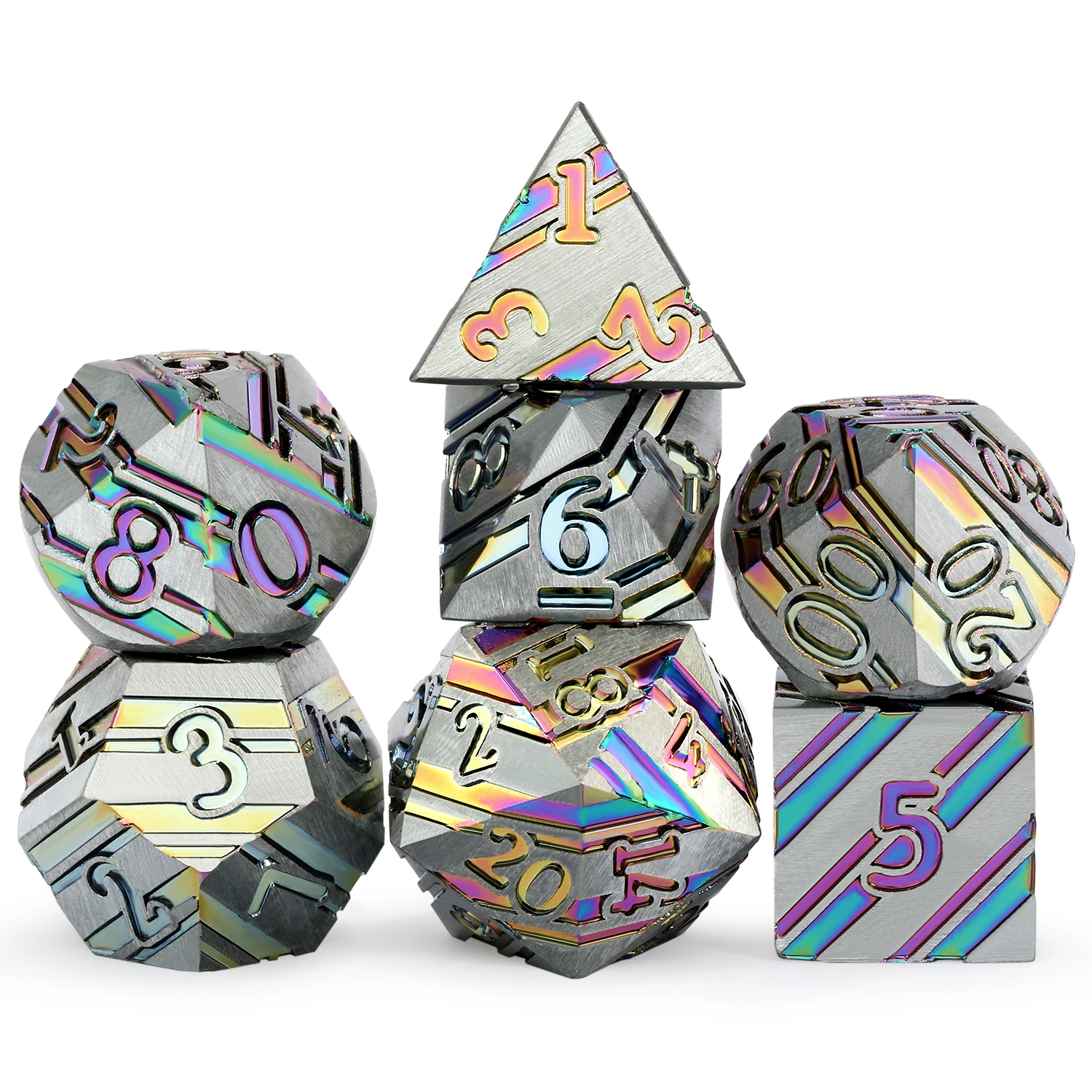 

Factory Wholesale Rainbow Stripe DND Metal Dice Set7 PCS Zinc Alloy D&D Dice Set for Dungeons and Dragons