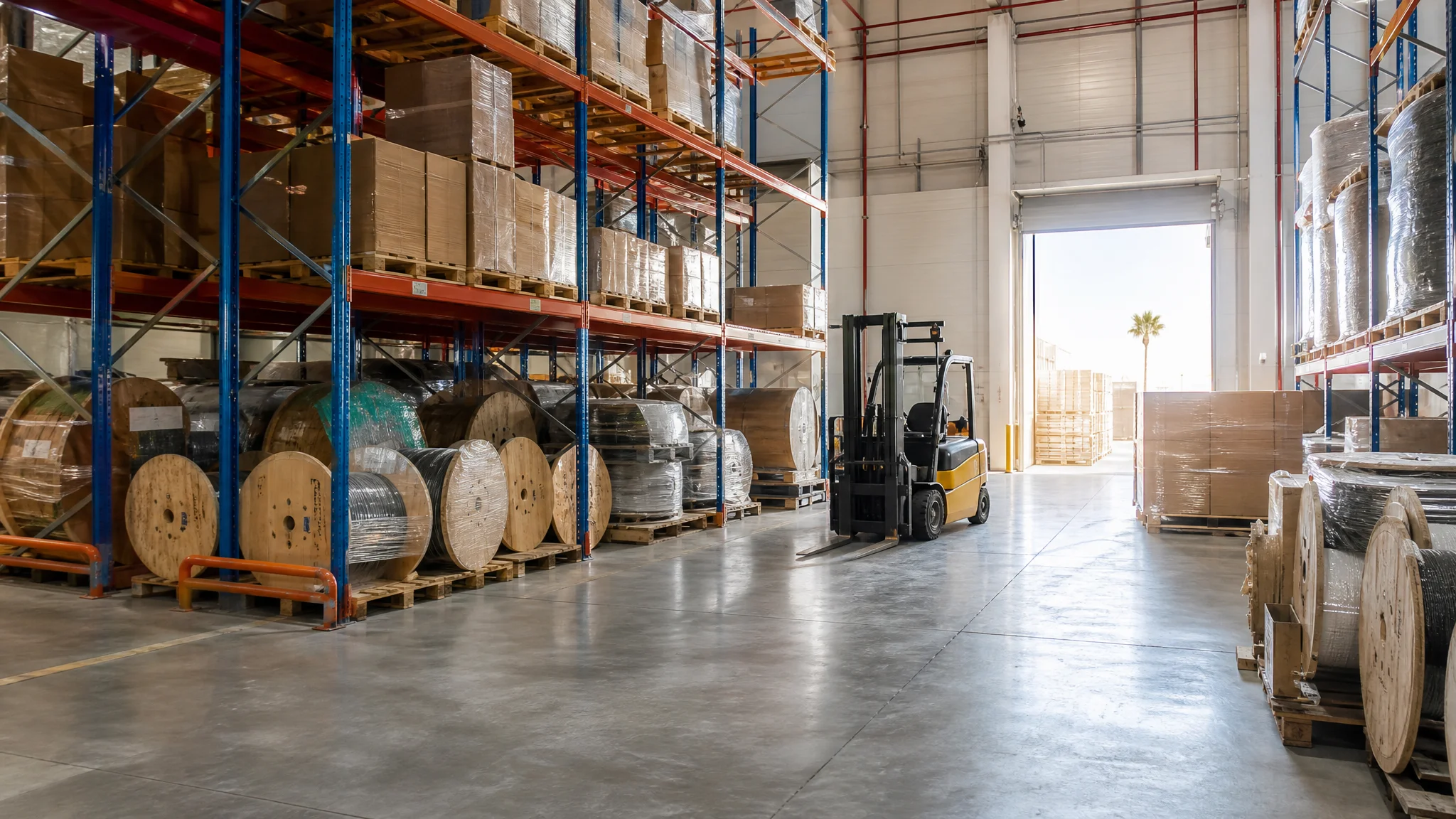 Distribution warehouse in the Middle East with pallets of cable drums and cartons
