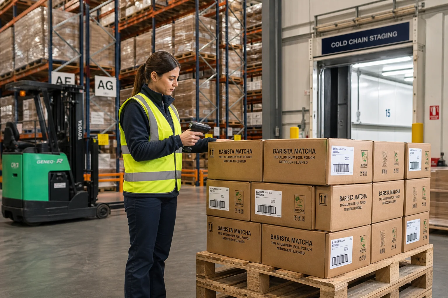 Commercial foodservice distribution center warehouse with QA inspector scanning master cases of barista matcha powder on pallet racking