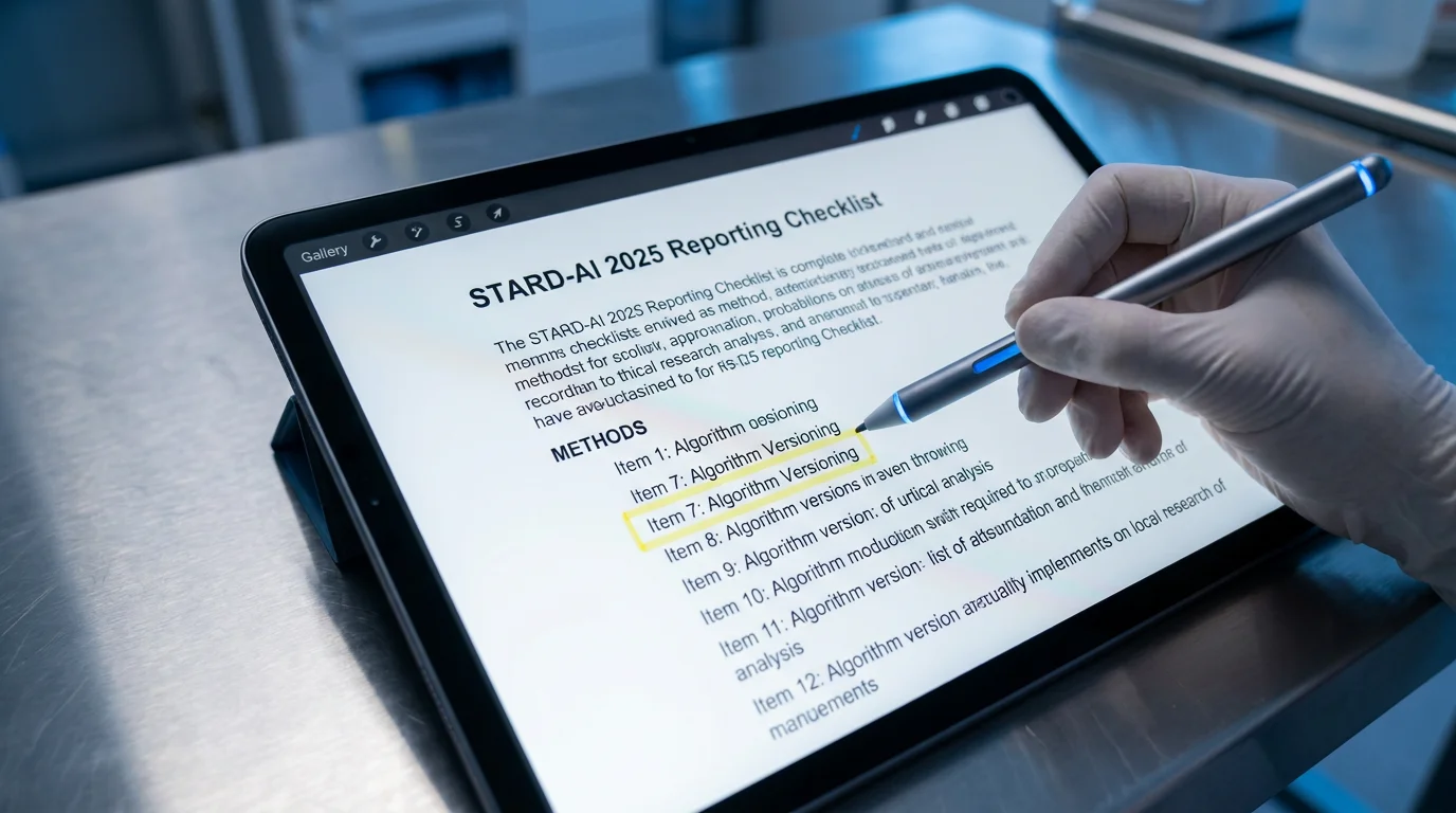 Digital tablet showing STARD-AI 2025 checklist