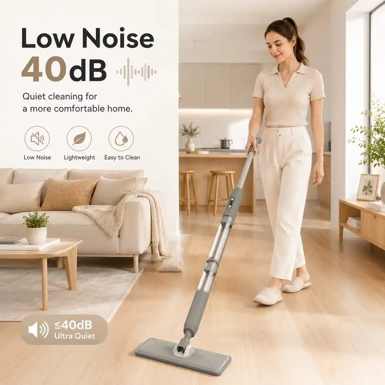 Woman cleaning a wood floor with the T8 low noise 40 dB cordless electric mop in a living room