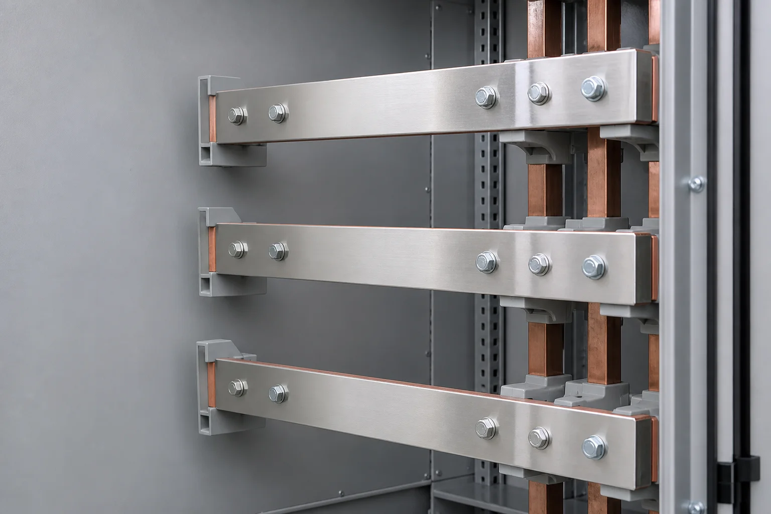 Copper busbars installed on insulating supports inside a distribution cabinet