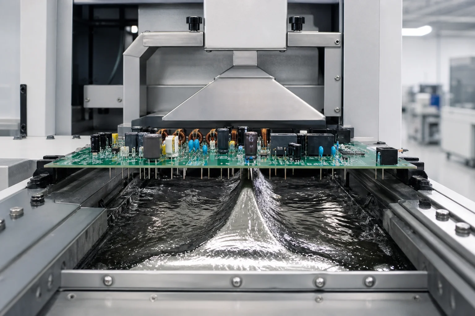 Wave soldering machine processing through-hole boards