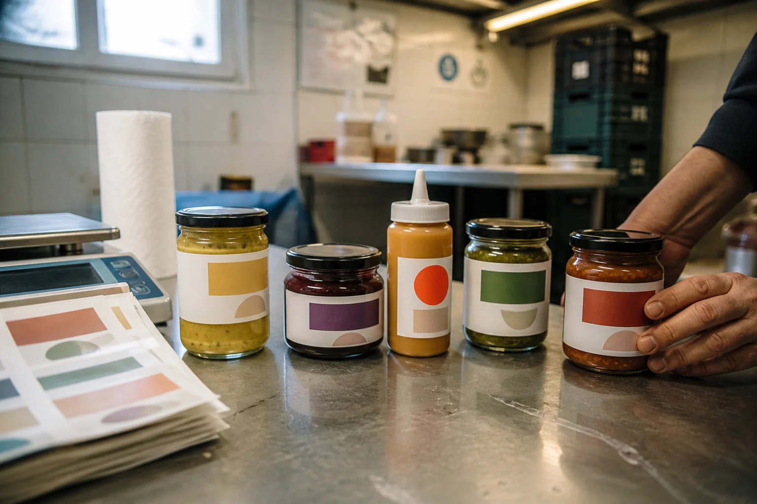 Labelled jars and bottles on a small-batch food production bench