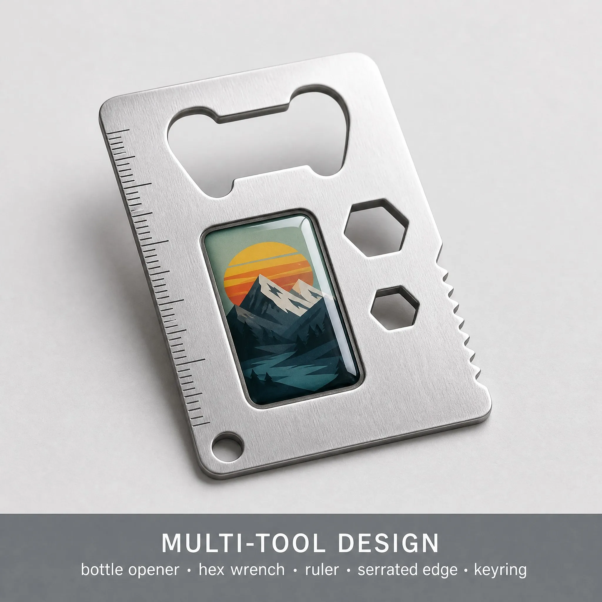Multi-tool functions: bottle opener, hex wrench, ruler, serrated edge, keyring