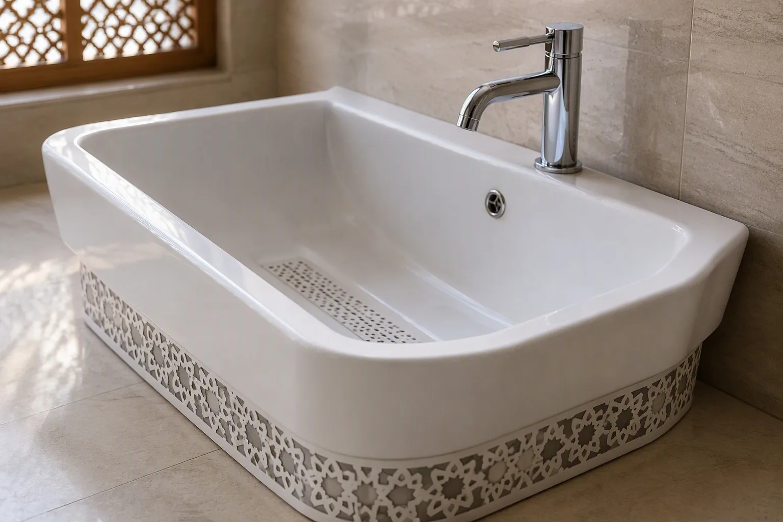 Close-up of a white ceramic wudu basin with a chrome faucet showing the wide interior for washing feet and forearms