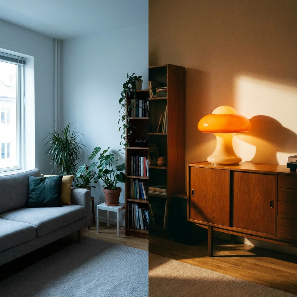 Comparaison d'ambiance de pièce avec et sans la lueur chaleureuse d'une lampe champignon