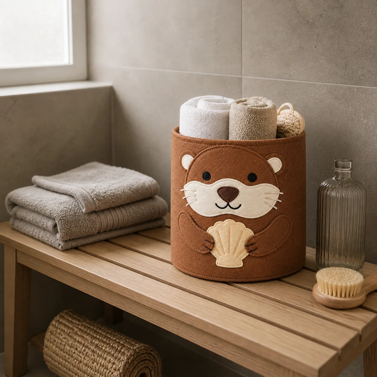 Felt storage basket on a light wood bench in a bathroom holding rolled towels and a small bath mitt