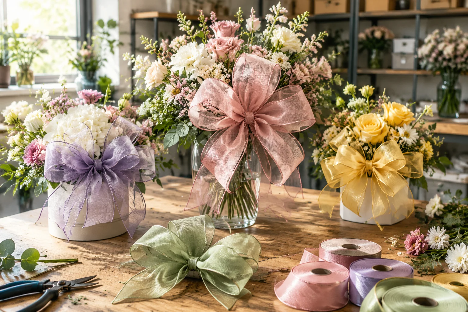 Florist workbench showing sculptural wired ribbon bows holding shape without internal support in floral arrangements