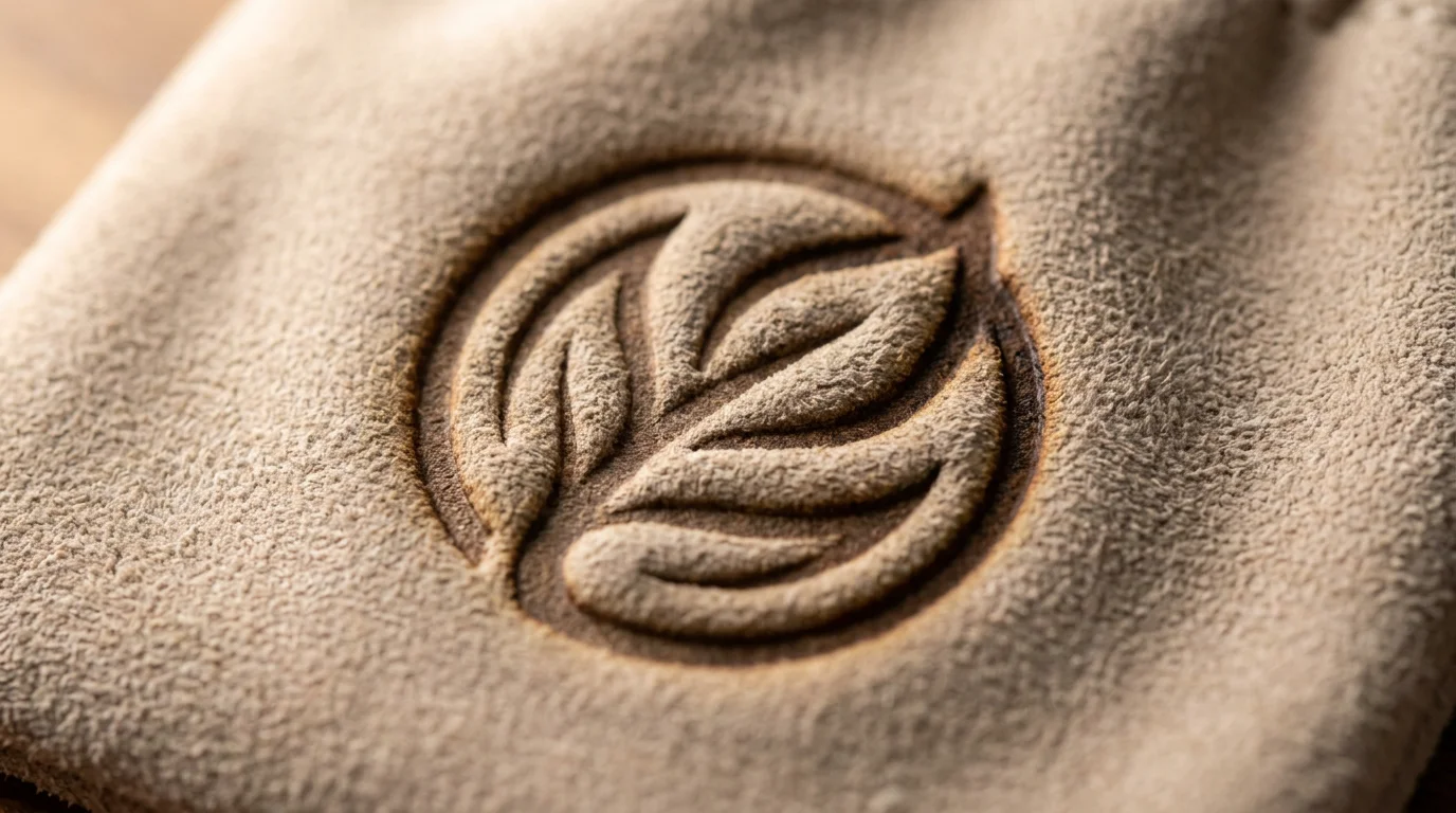 Macro close-up of a debossed logo on an oatmeal-colored suede jewelry pouch.