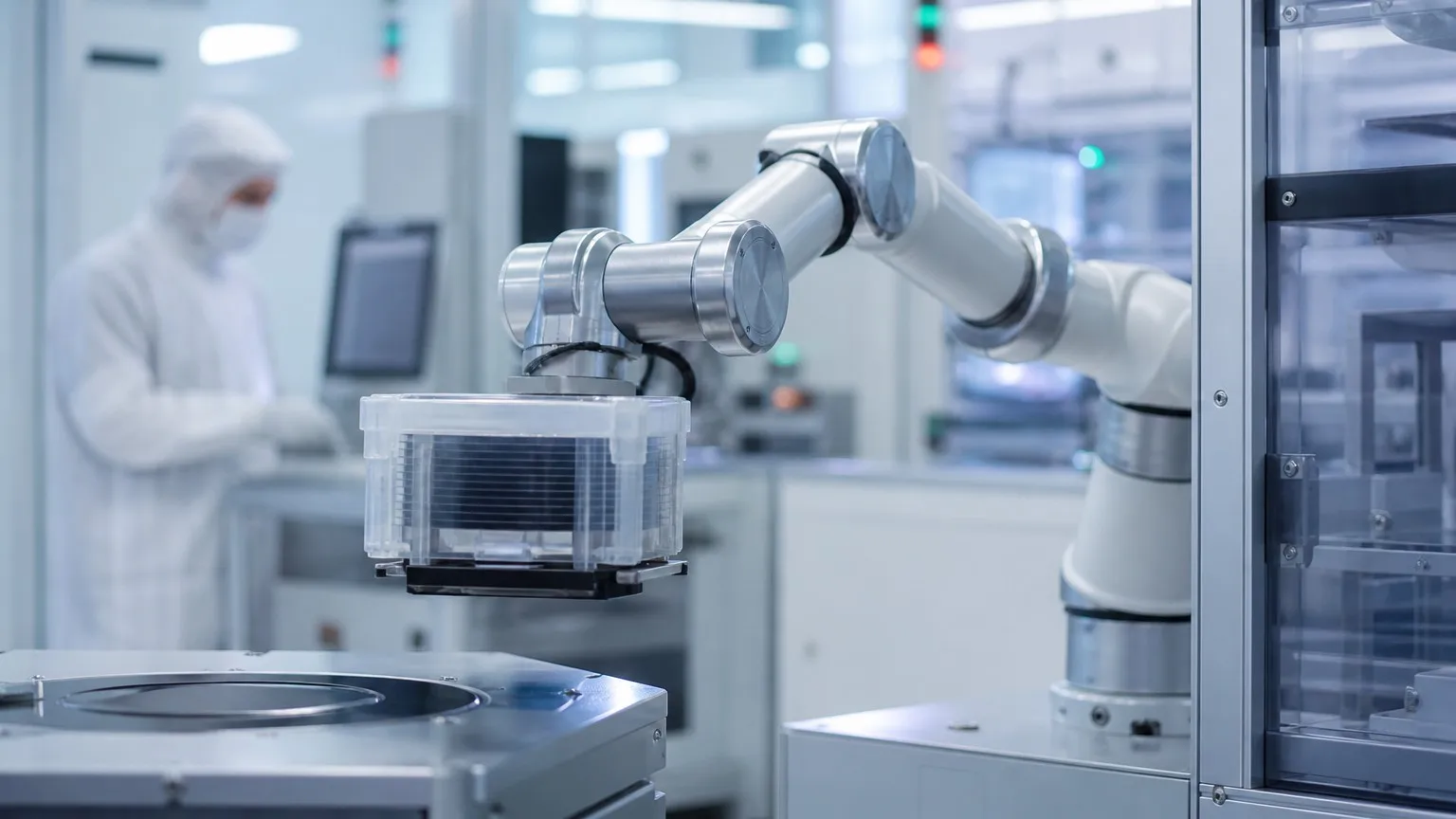 Compact robotic arm with joint modules transferring a sealed wafer container in a semiconductor cleanroom