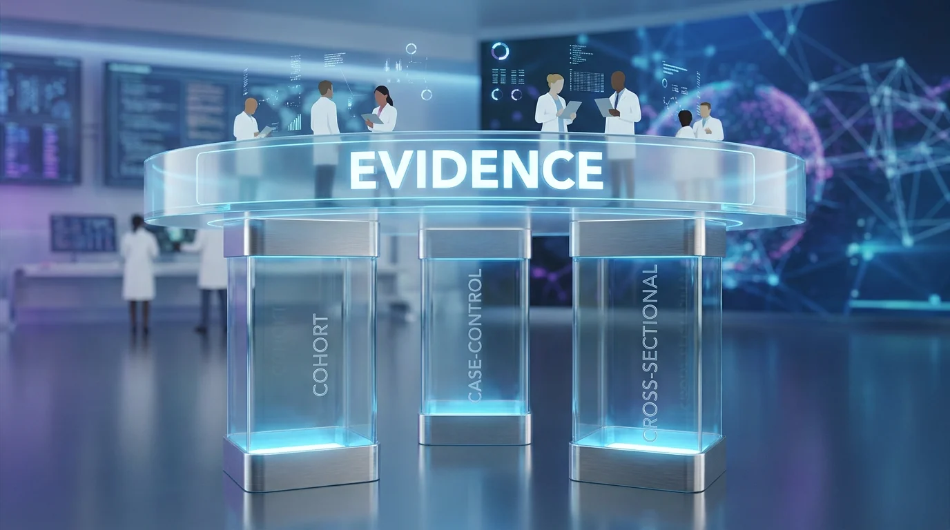 Conceptual 3D visualization of Cohort, Case-Control, and Cross-Sectional pillars