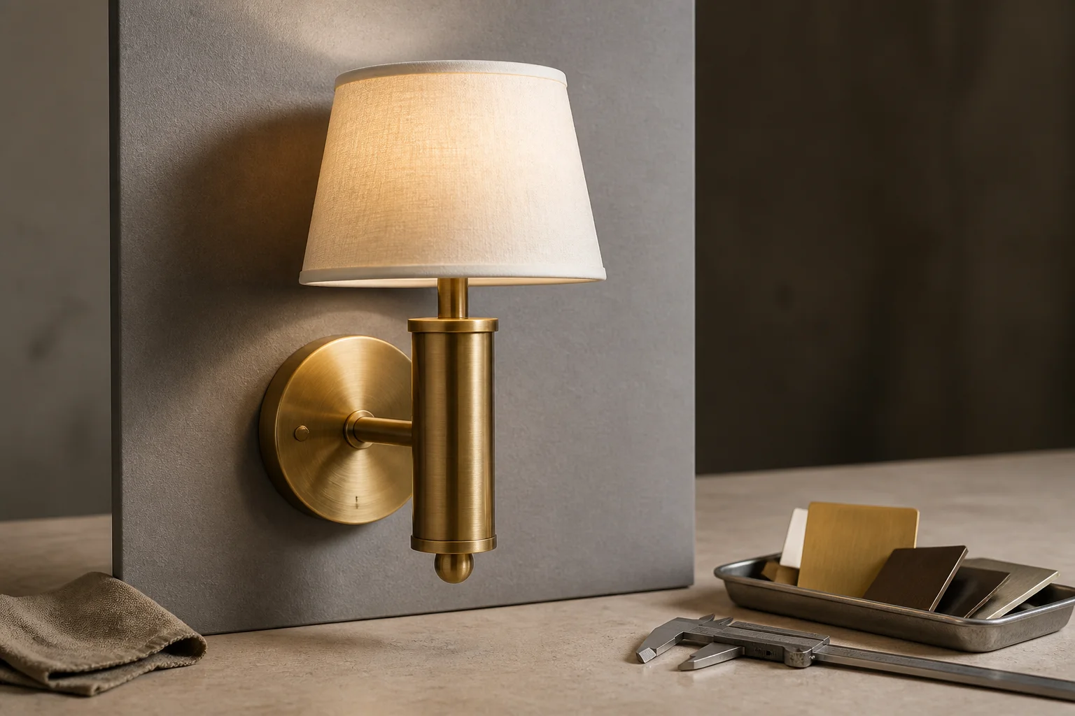 Brushed brass hotel wall sconce with finish swatch chips and a caliper on a workshop bench