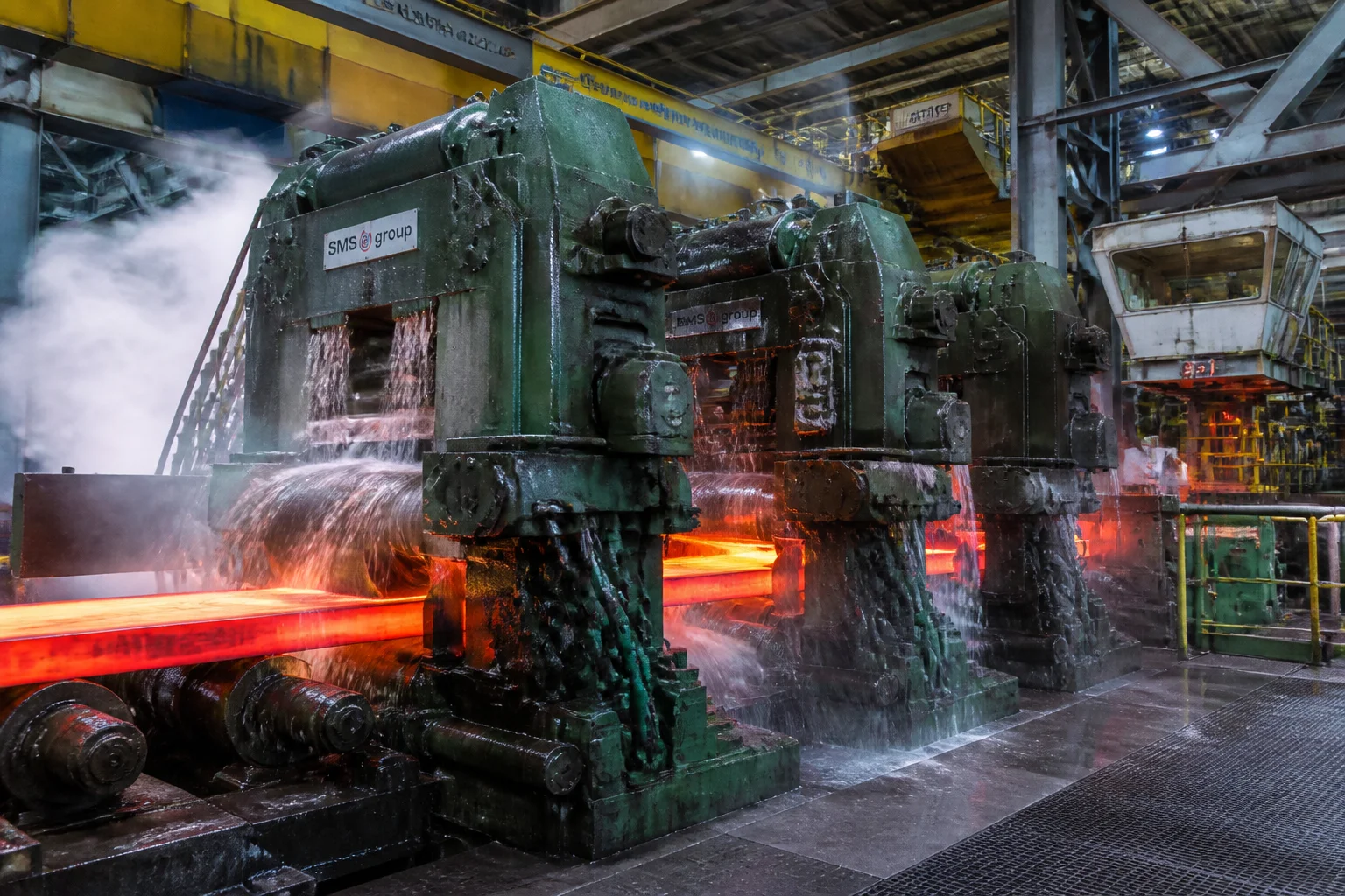 Modern heavy hot strip steel rolling mill operating with massive roll chocks squeezing glowing steel slab