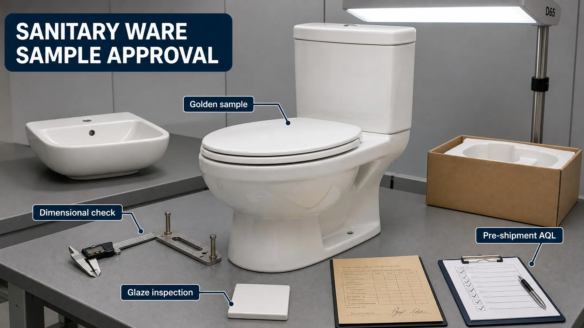 Sanitary ware sample approval inspection desk with ceramic basin, toilet sample, digital caliper, D65 inspection lamp, signed documents, and packaging carton