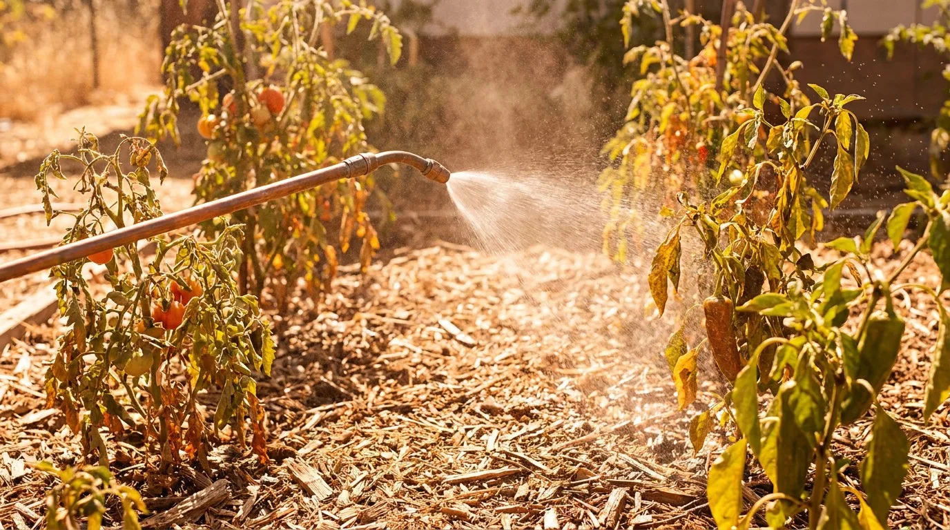 Watering garden in summer heat with copper spray wand